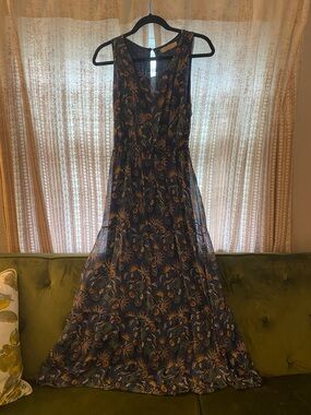 Floral Navy Maxi Dress with Gold Accents
